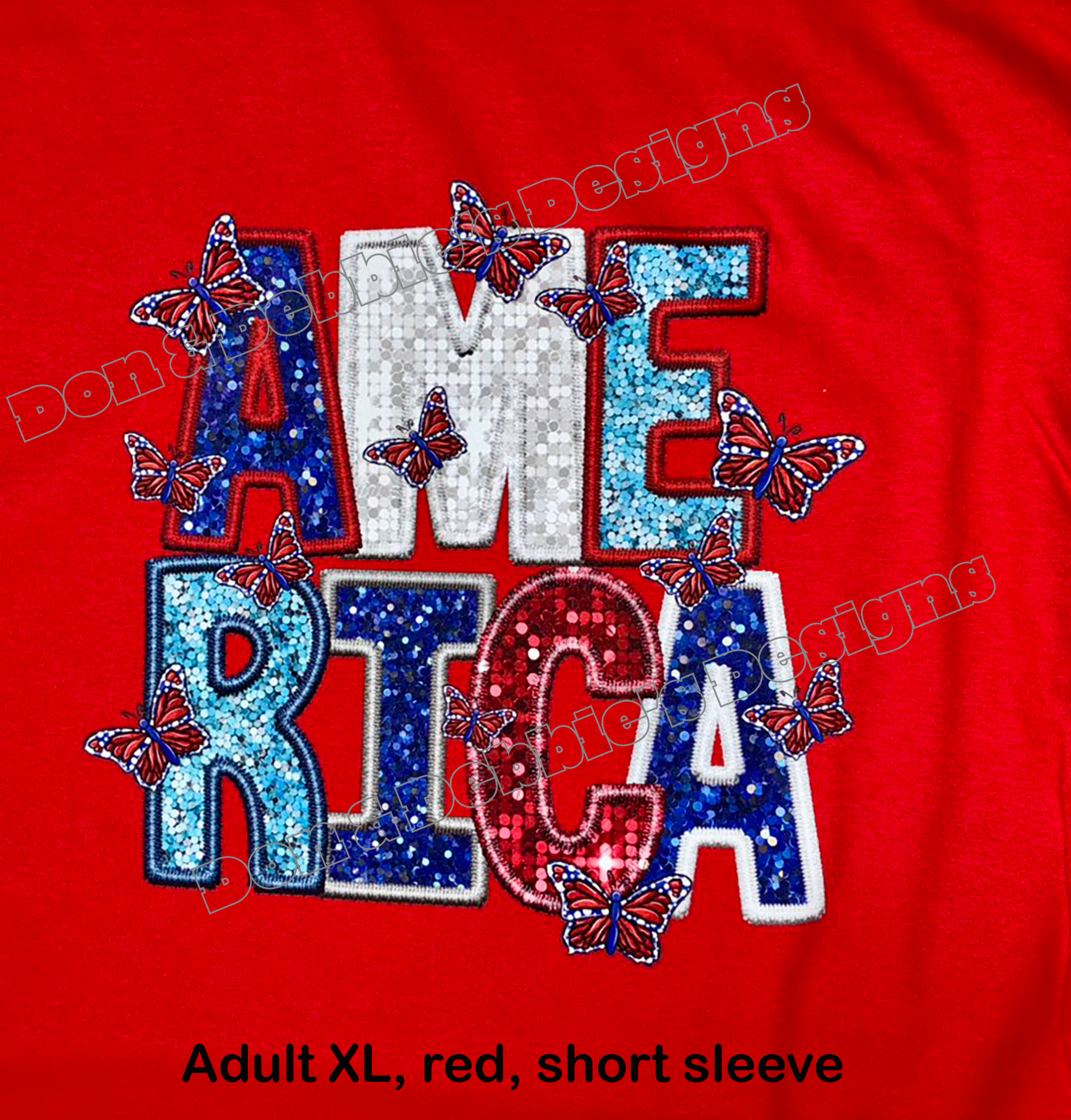 🦋America Butterfly Sparkle Tee – Unisex Gildan in Red (XL) ❤️💙