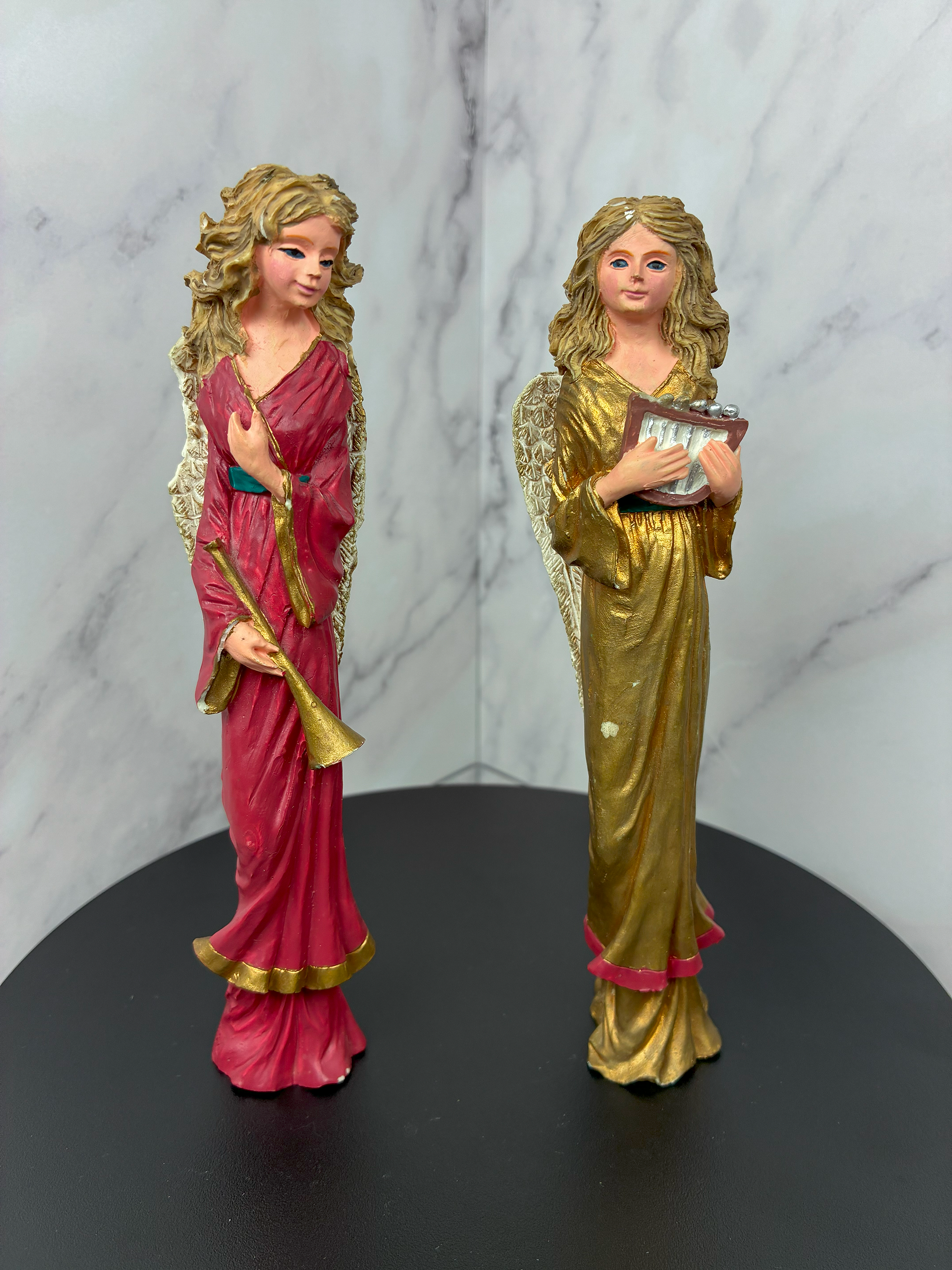 ✨ Vintage Angel Figurine Set – Elegant Musical Angels in Red & Gold Robes 🎺🎶 (c. 1990s)