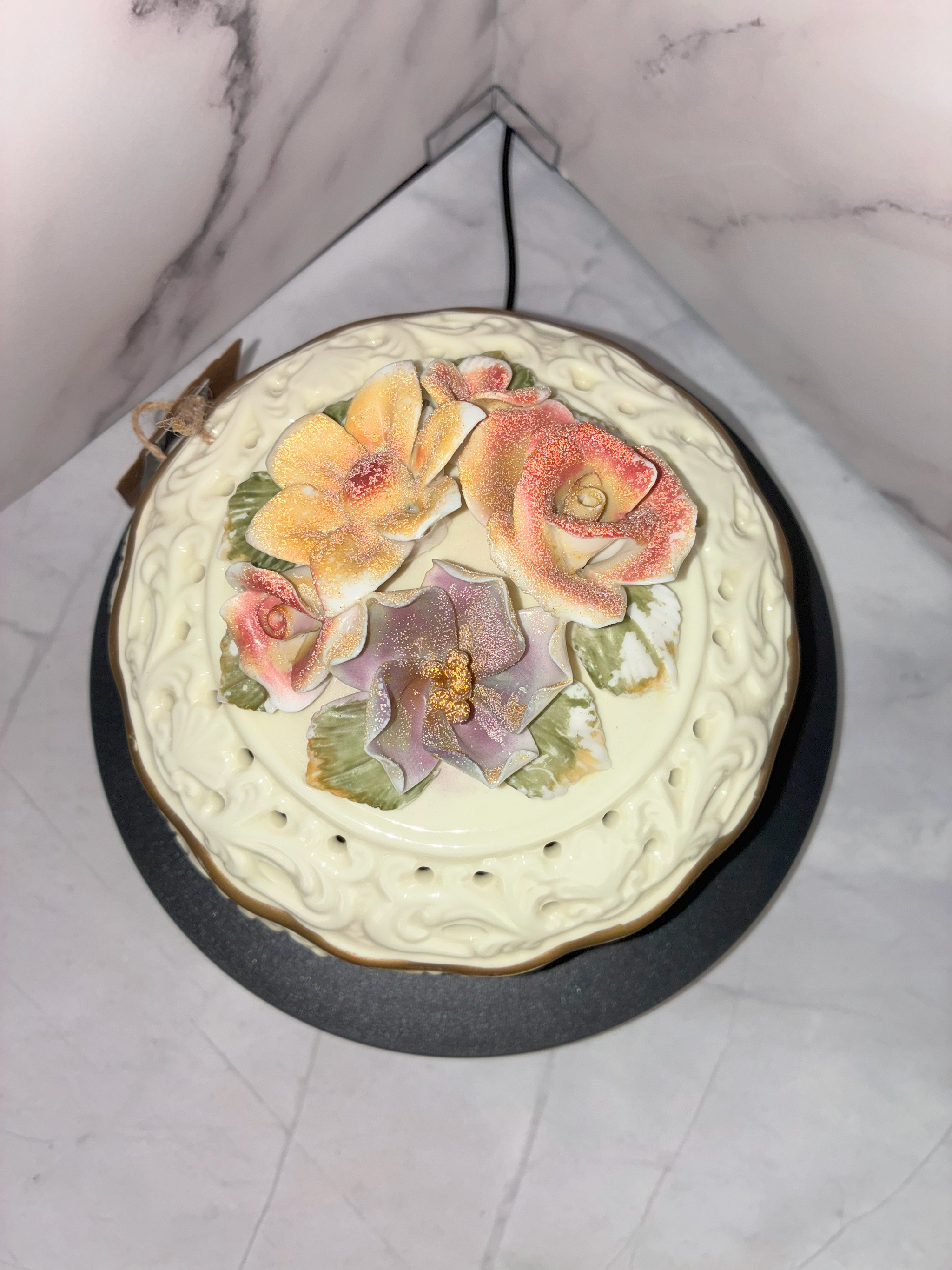 🌹 Bisque Porcelain Trinket Bowl with Hand-Painted Roses – Vintage