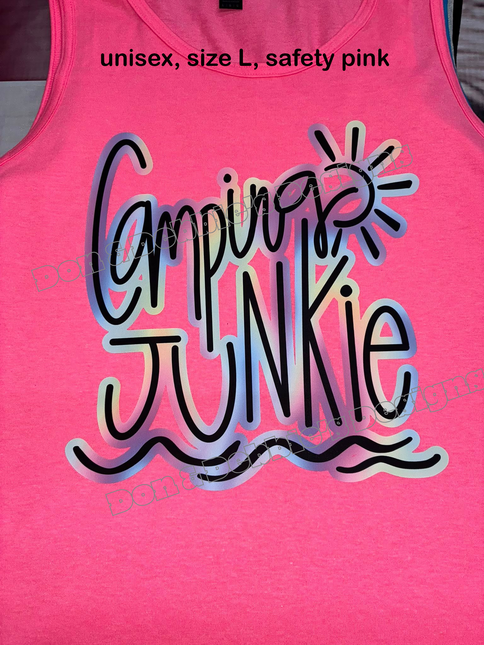🏕️ “Camping Junkie” Tank Top – Unisex, Size L (Safety Pink) 🌞