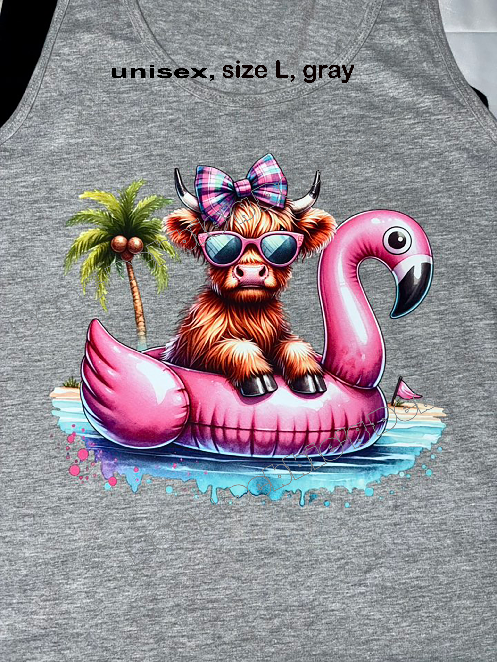 🌴 Highland Cow Flamingo Floatie Tank – Size L, Gray 🦩