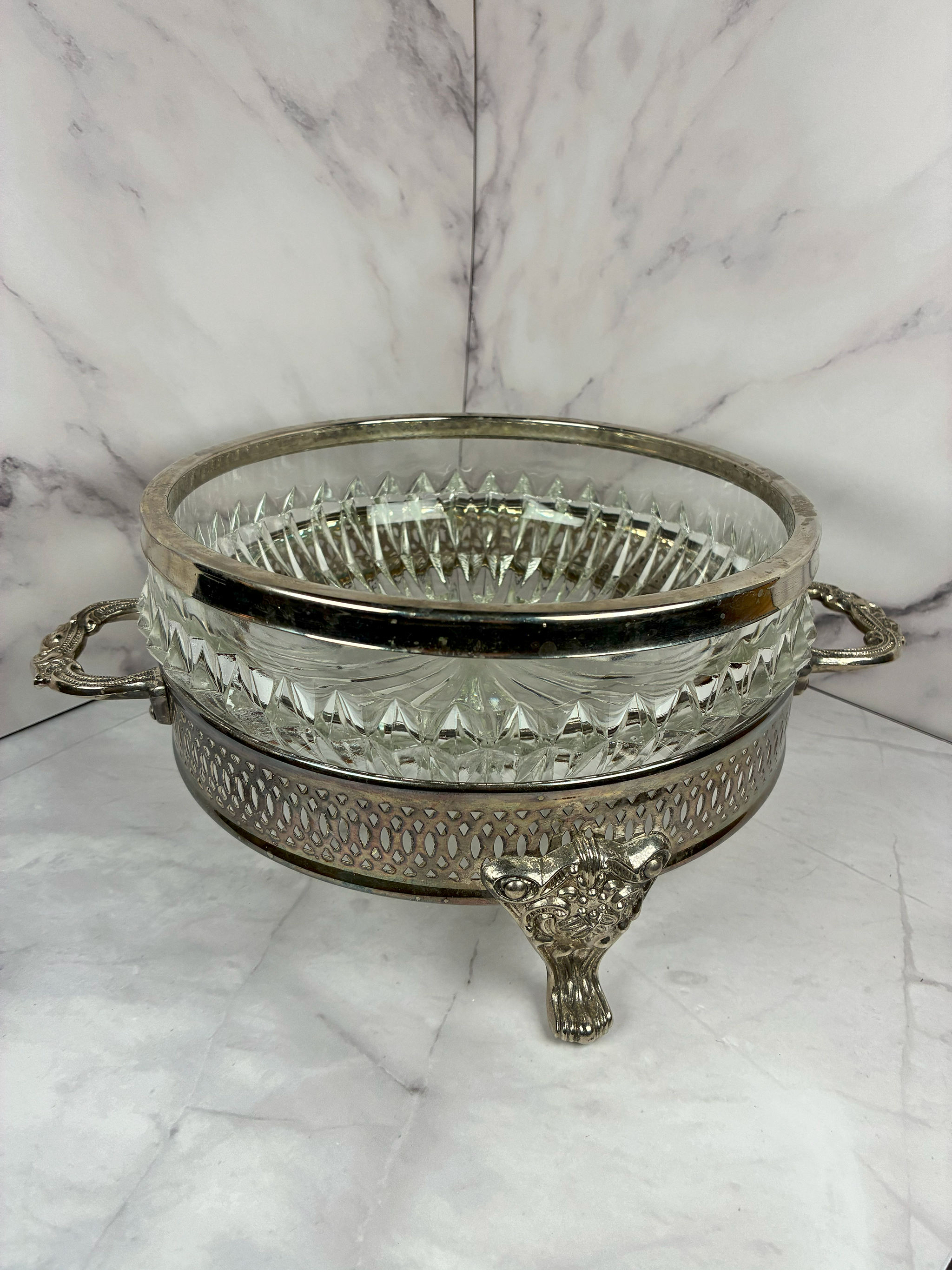 Vintage Crystal Bowl with Silverplate Stand & Lion Paw Feet