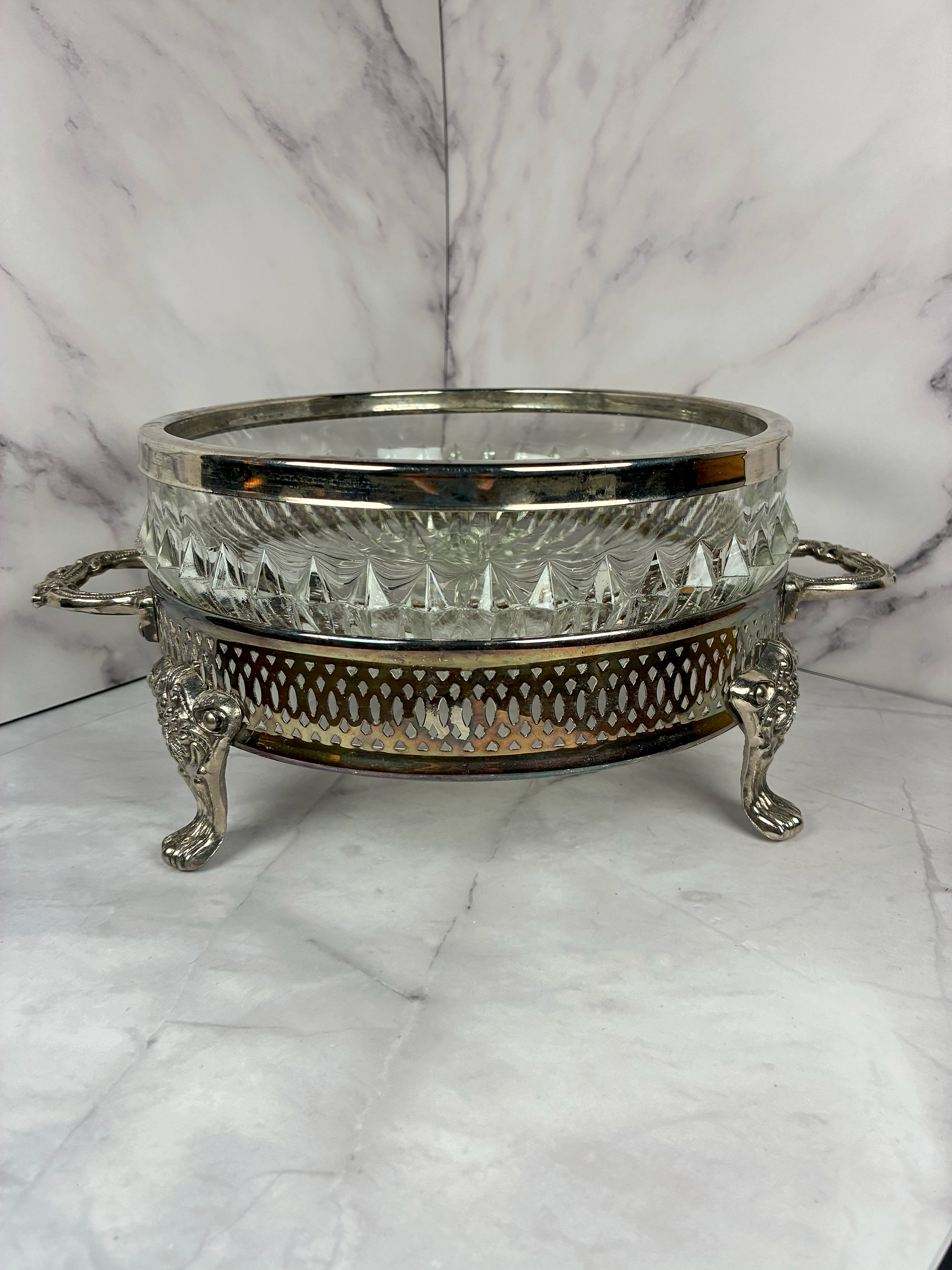 Vintage Crystal Bowl with Silverplate Stand & Lion Paw Feet