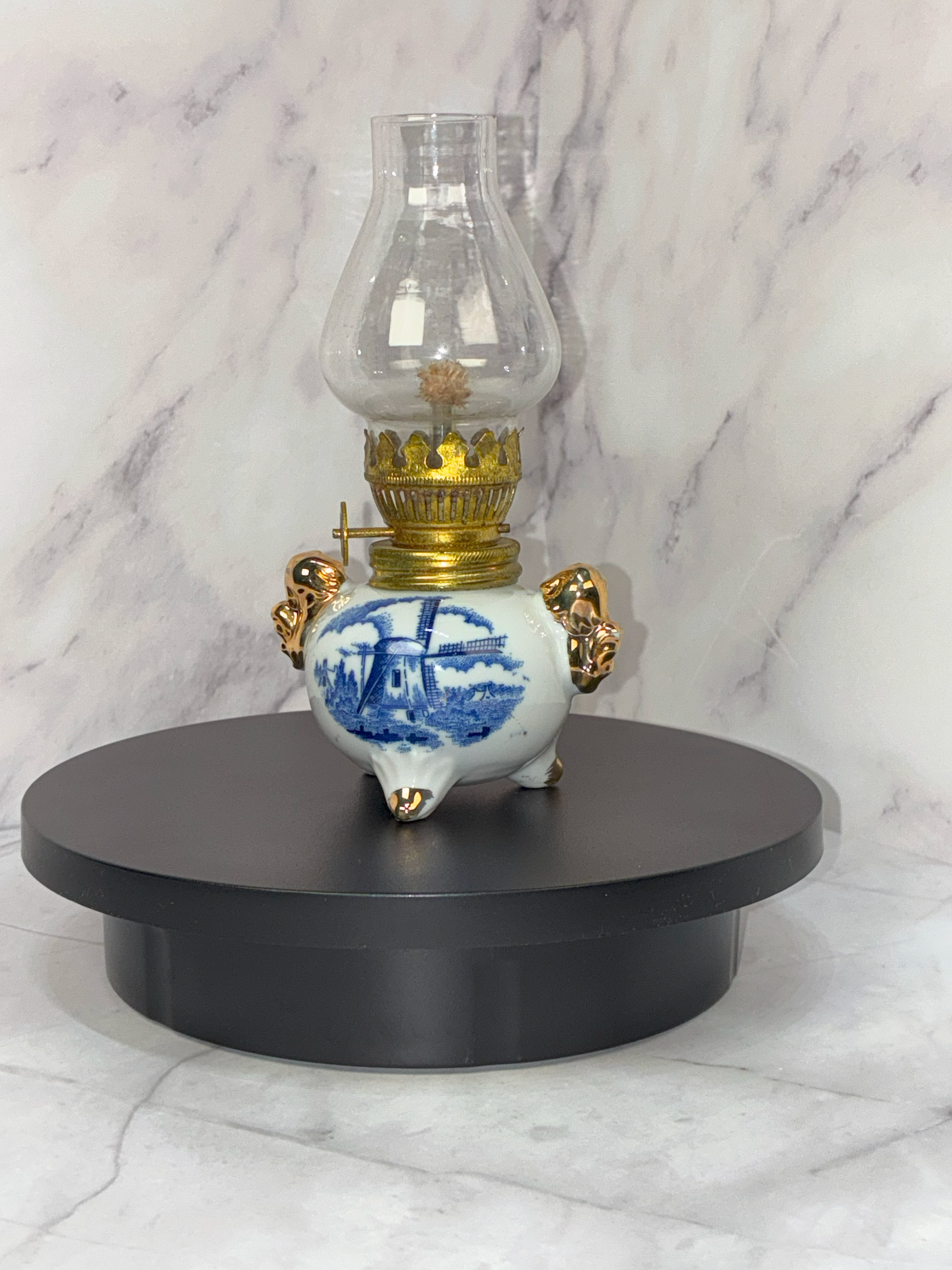 🪔 Vintage 1970s Delft Blue Miniature Oil Lamp – Hand-Painted Holland 🪔
