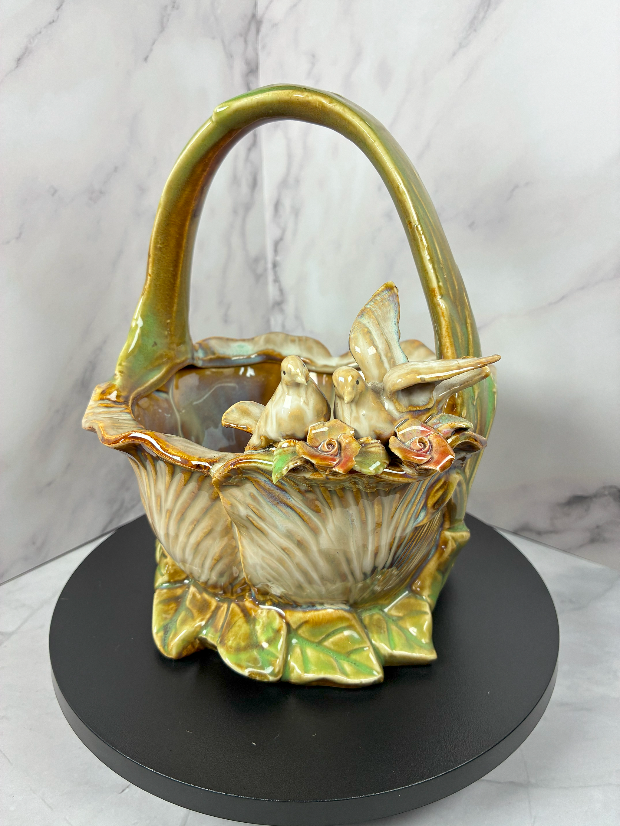 Vintage 1950s Ceramic Dove Basket Planter – Mid-Century Bird & Floral Design