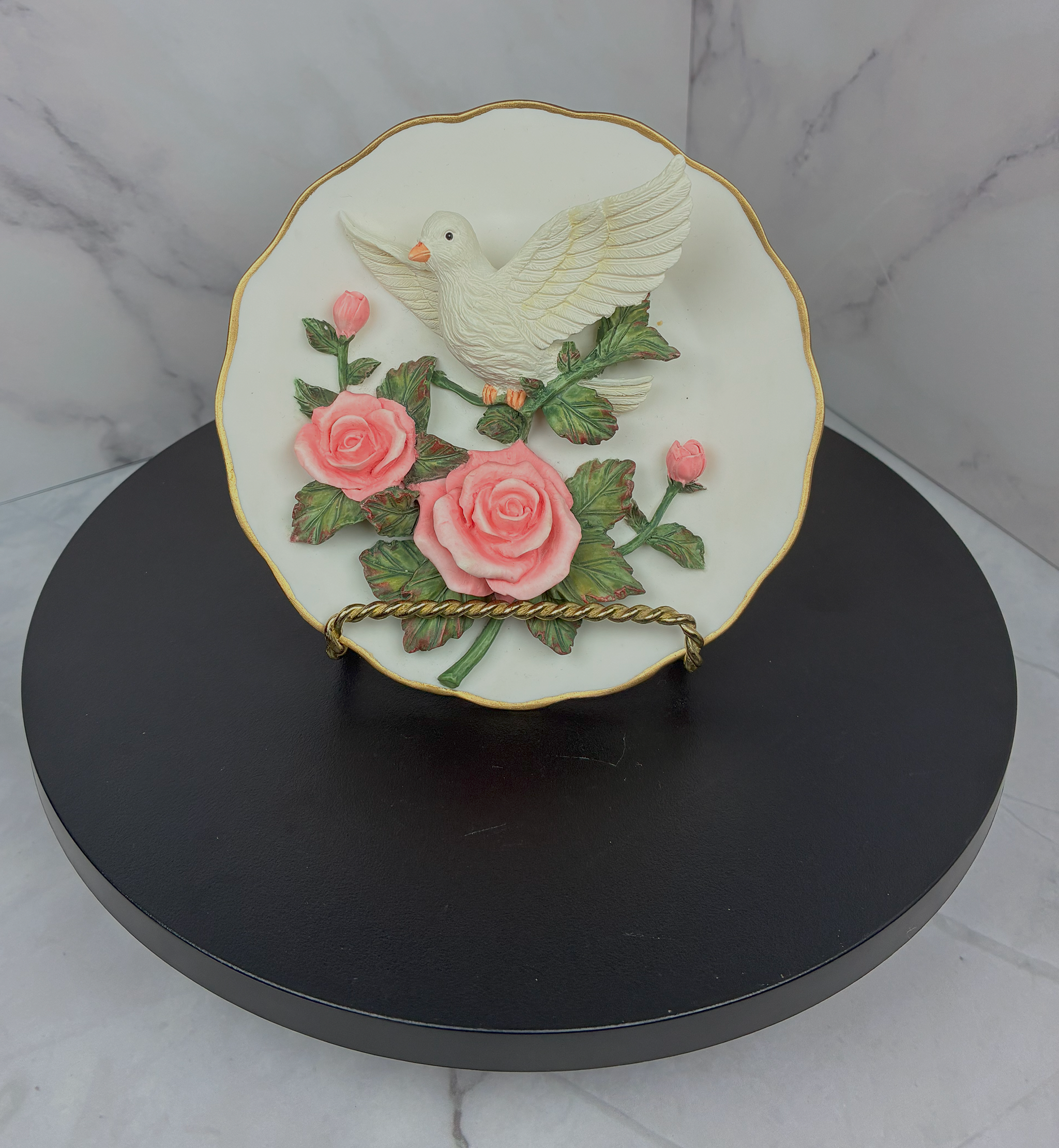 🕊️ Vintage 1990s Roman Inc. Dove & Roses 3D Decorative Plate 🌹✨