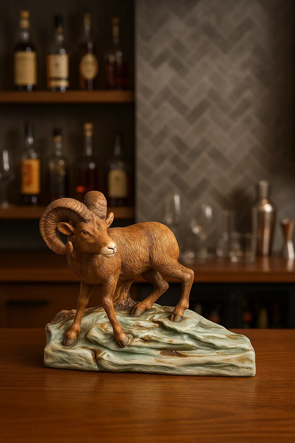 Golden ram figurine with curved horns, resting on a textured base.