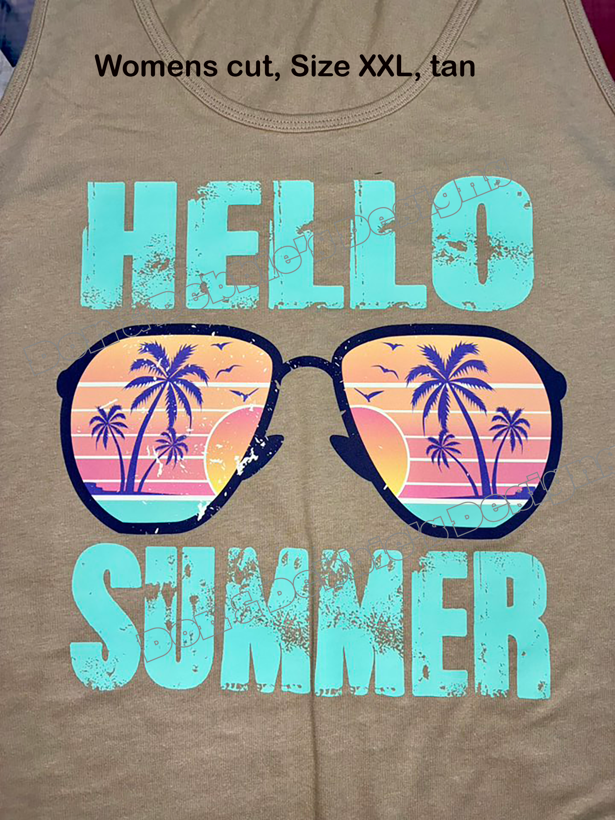 🌞 “Hello Summer” Sunglasses Tank Top – Women's Cut, Size XXL (Tan) 😎