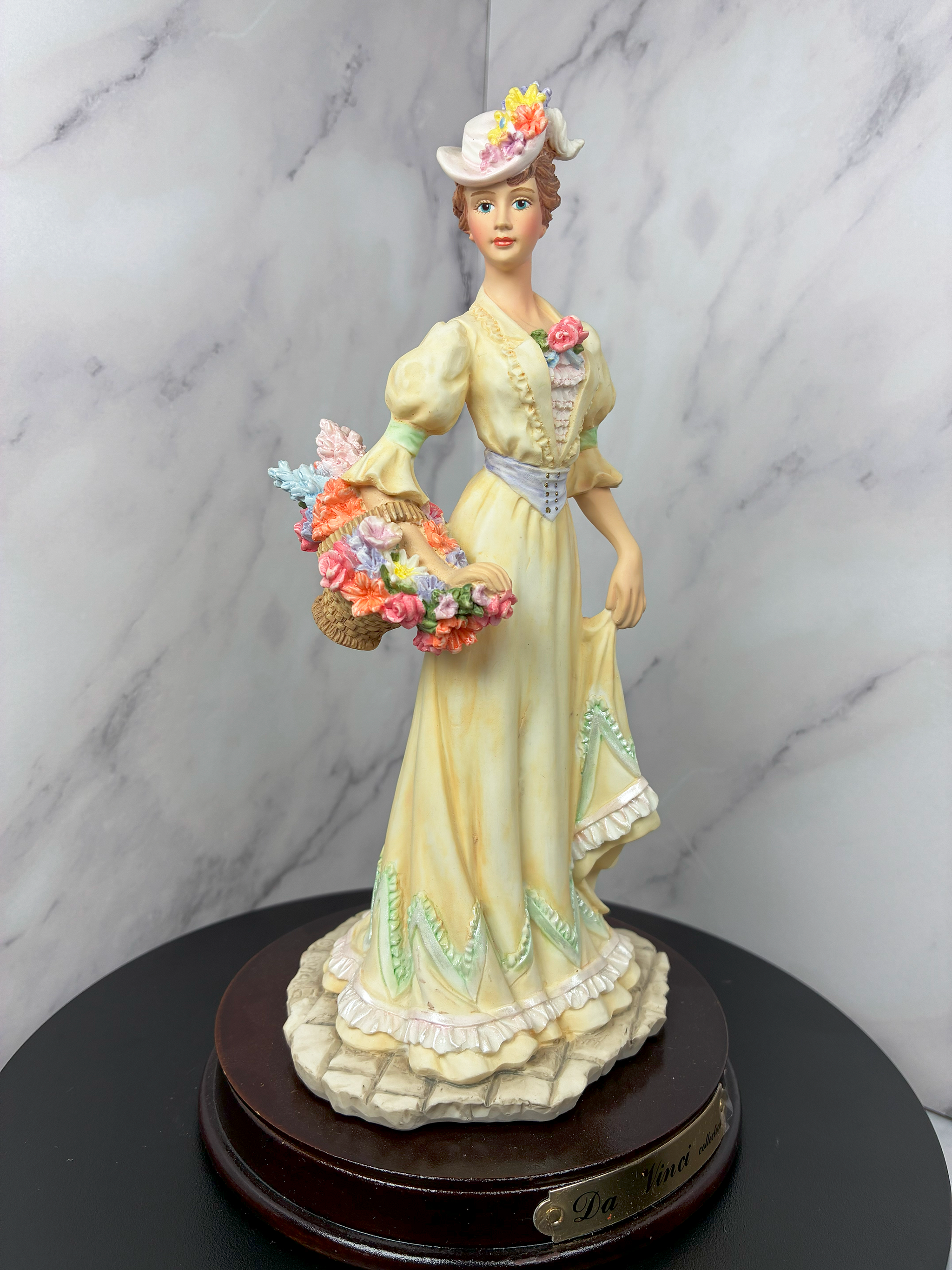 💛 Vintage Da Vinci Collection Lady in Yellow Dress with Flower Basket Figurine (c. 1980s) 🌸