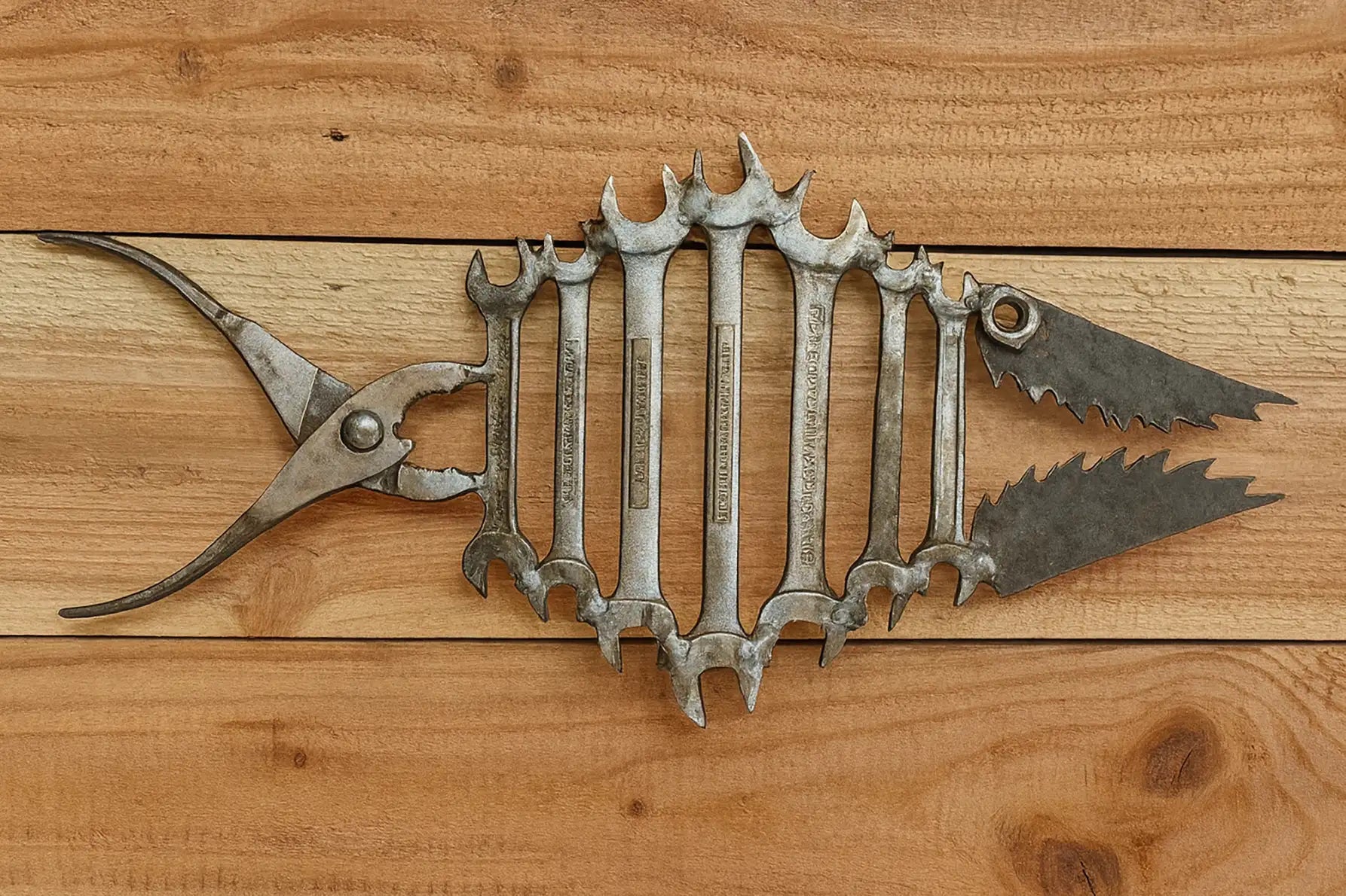 Metal fish sculpture with wrenches and pliers as body parts, silver color.