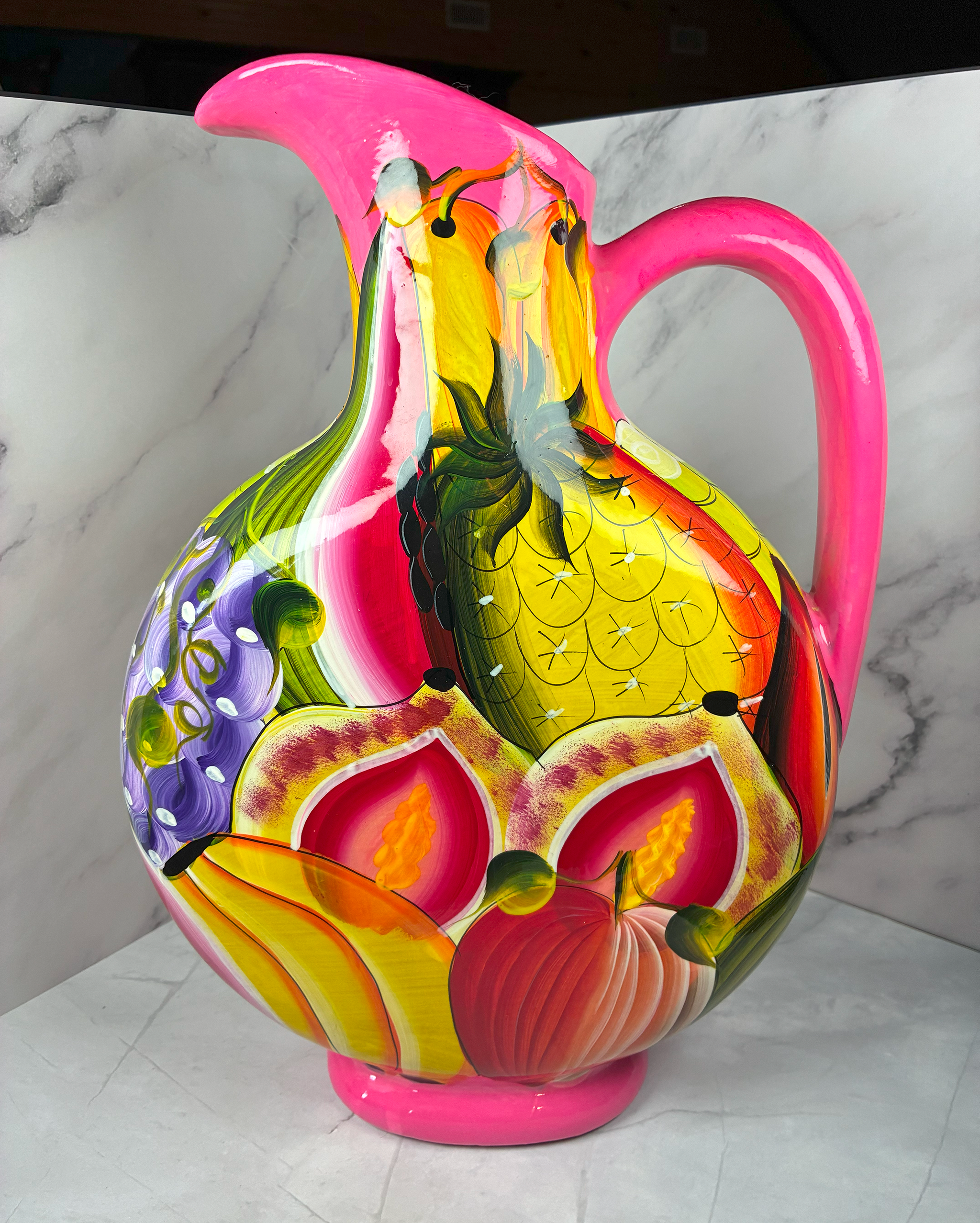 🎨 Vibrant Vintage Hand-Painted Pink Ceramic Pitcher with Fruit Design – Bold Tropical Flair (c. 1990s)