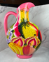 🎨 Vibrant Vintage Hand-Painted Pink Ceramic Pitcher with Fruit Design – Bold Tropical Flair (c. 1990s)