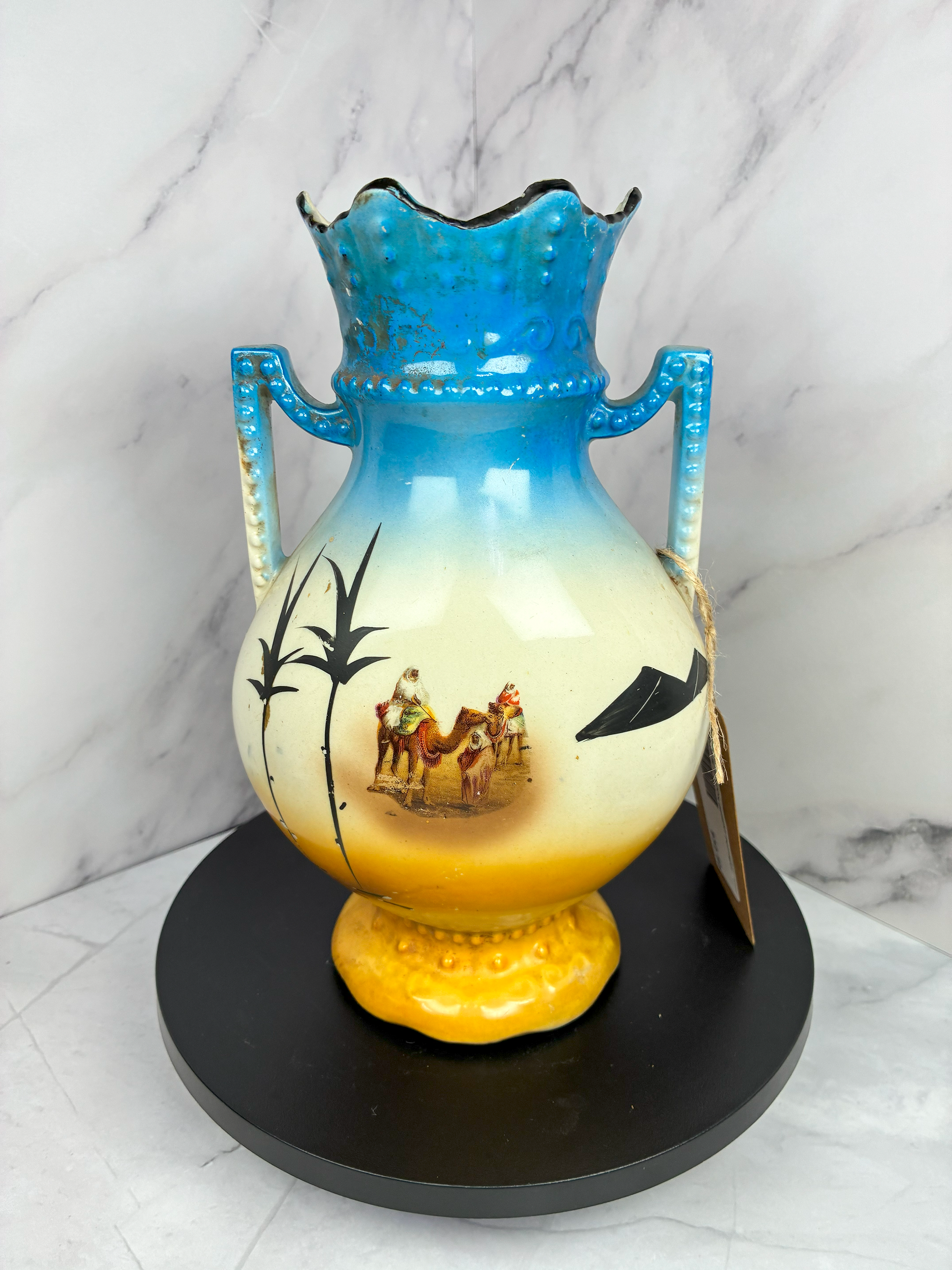 🏺 Antique Sandon Pottery Vase – Hand-Painted Desert Scene (Early 20th Century) 🏺(crack in rim)