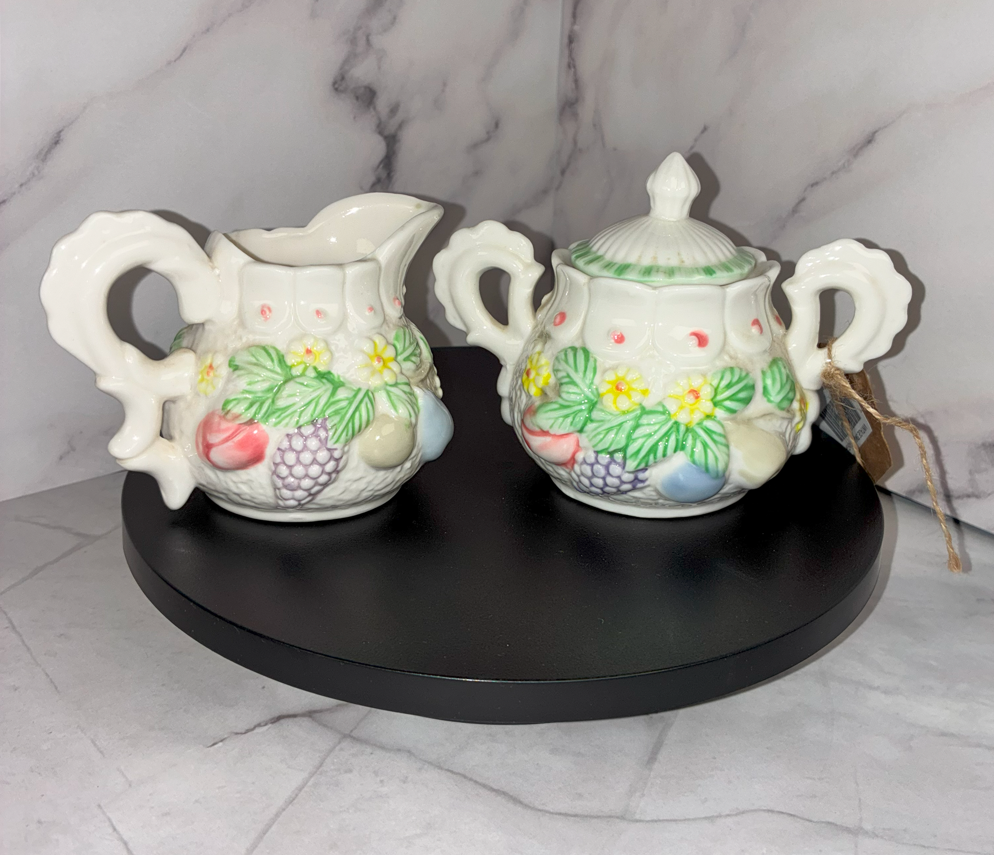 🍓 Vintage Fruit & Floral Sugar and Creamer Set – Hand-Painted Porcelain