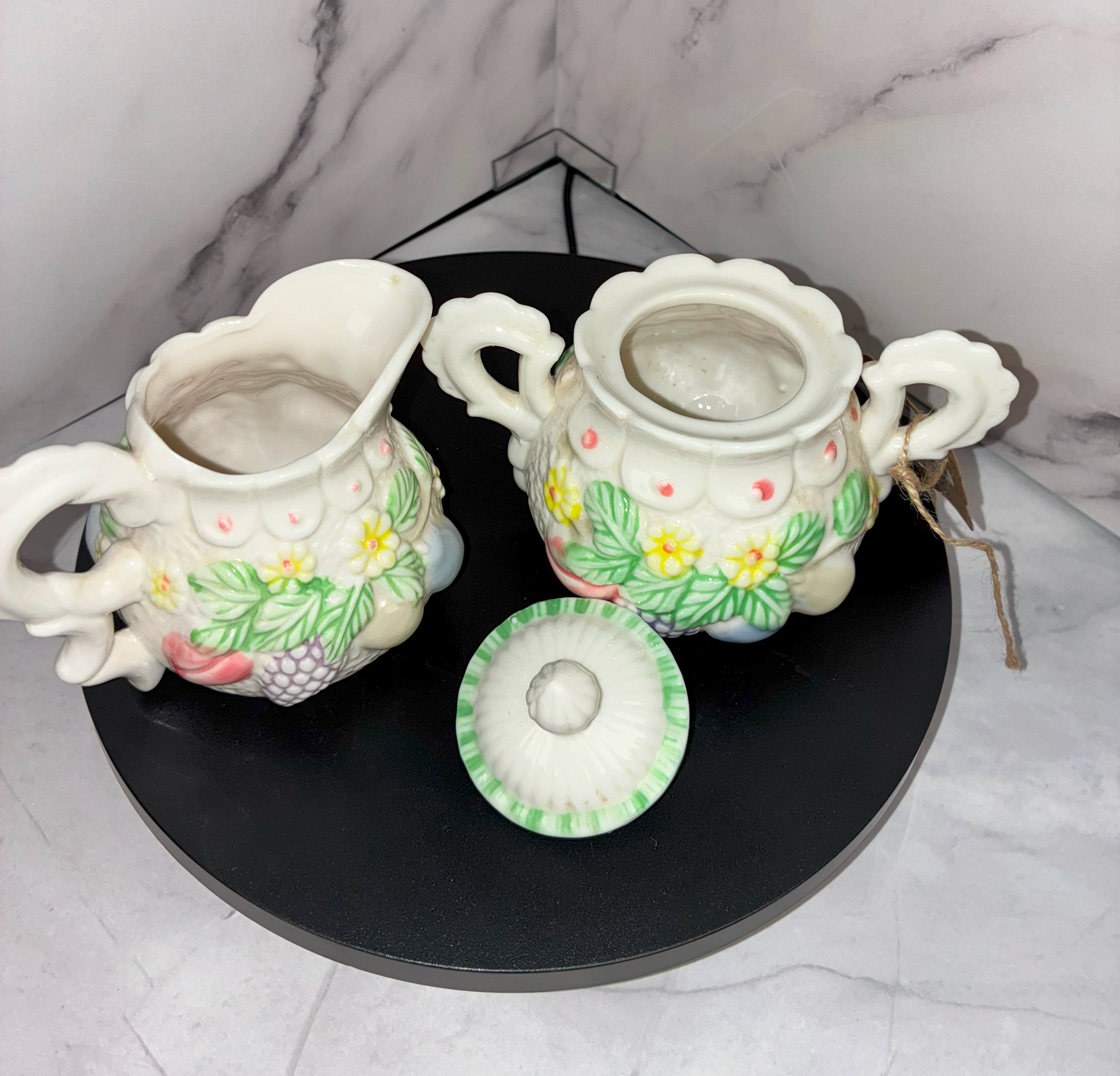 🍓 Vintage Fruit & Floral Sugar and Creamer Set – Hand-Painted Porcelain