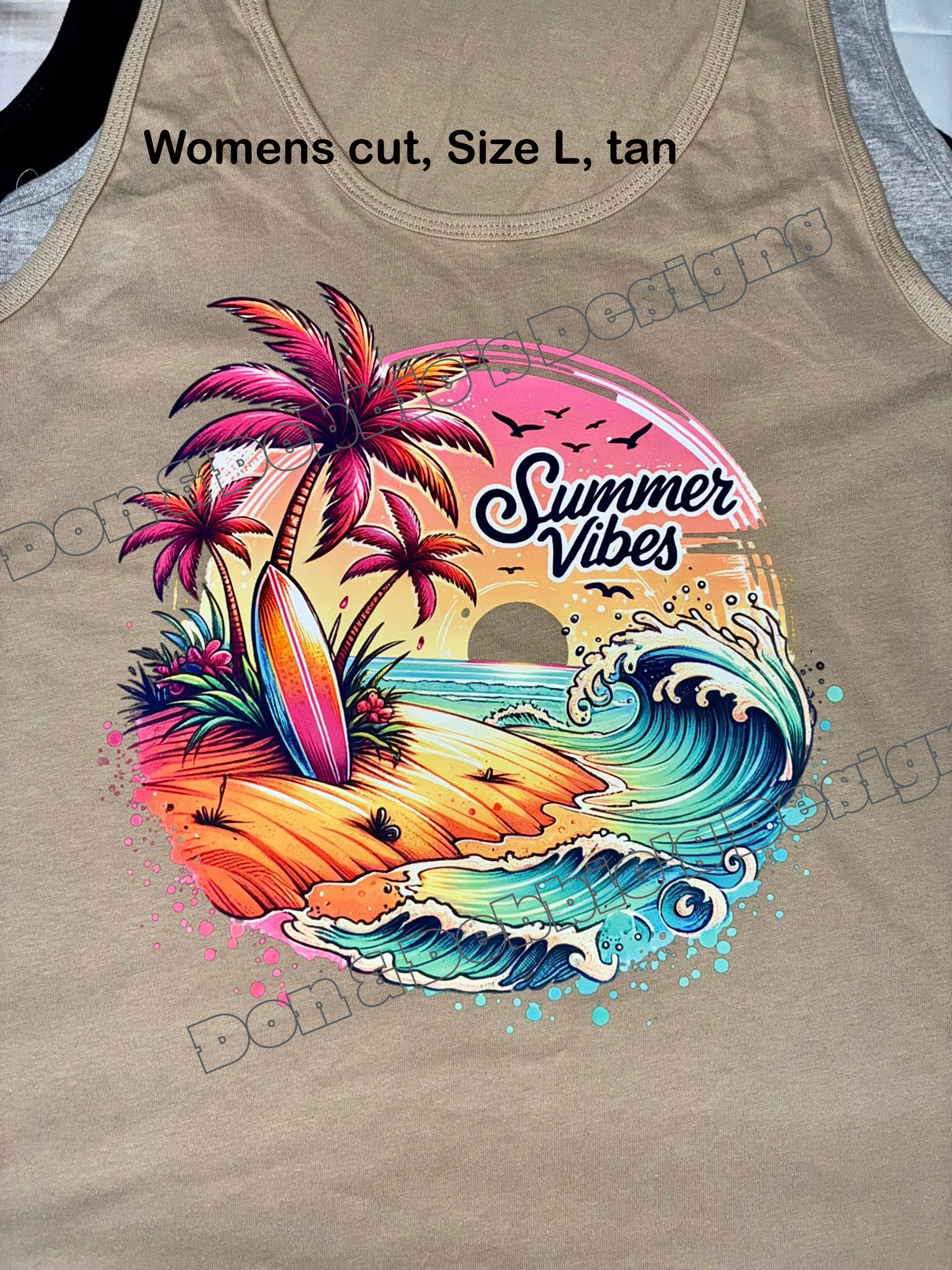 🌴 “Summer Vibes” Tropical Tank Top – Women's Cut, Size L (Tan) 🌊