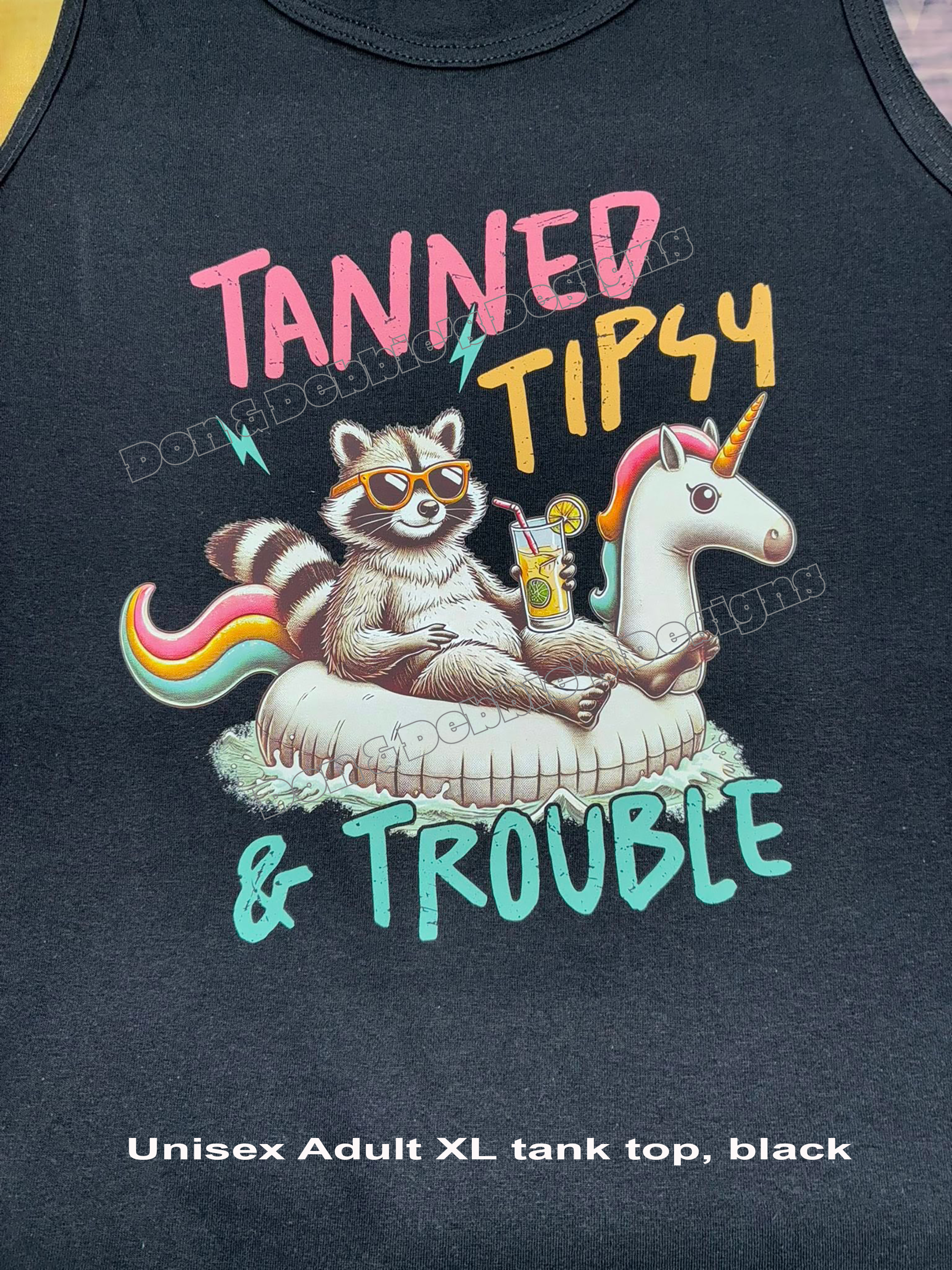 🍹 “Tanned, Tipsy & Trouble” Raccoon Tank Top –  Pool Party Vibes 🦝🦄