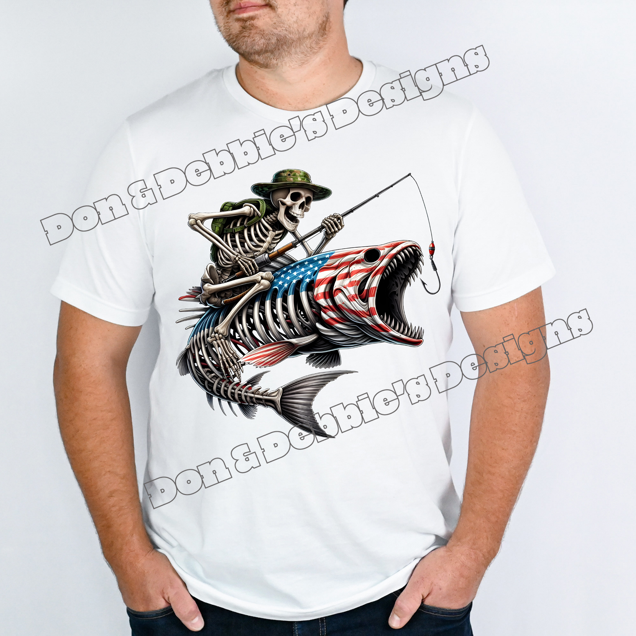 💀USA Skeleton Rider Patriot Fish T-Shirt 🎣