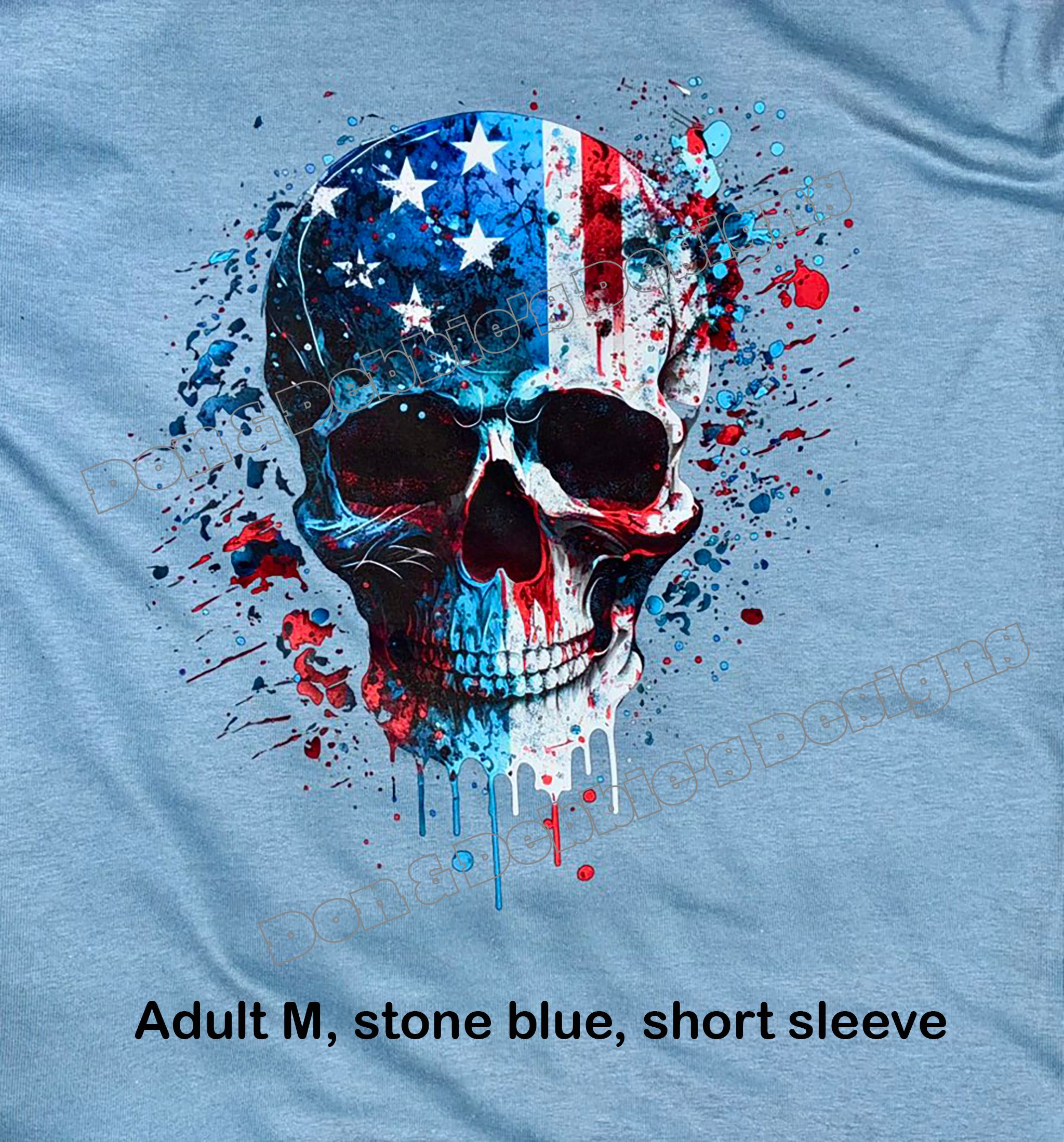 💀 American Flag Skull Tee – Adult M (Stone Blue) 🇺🇸🔥