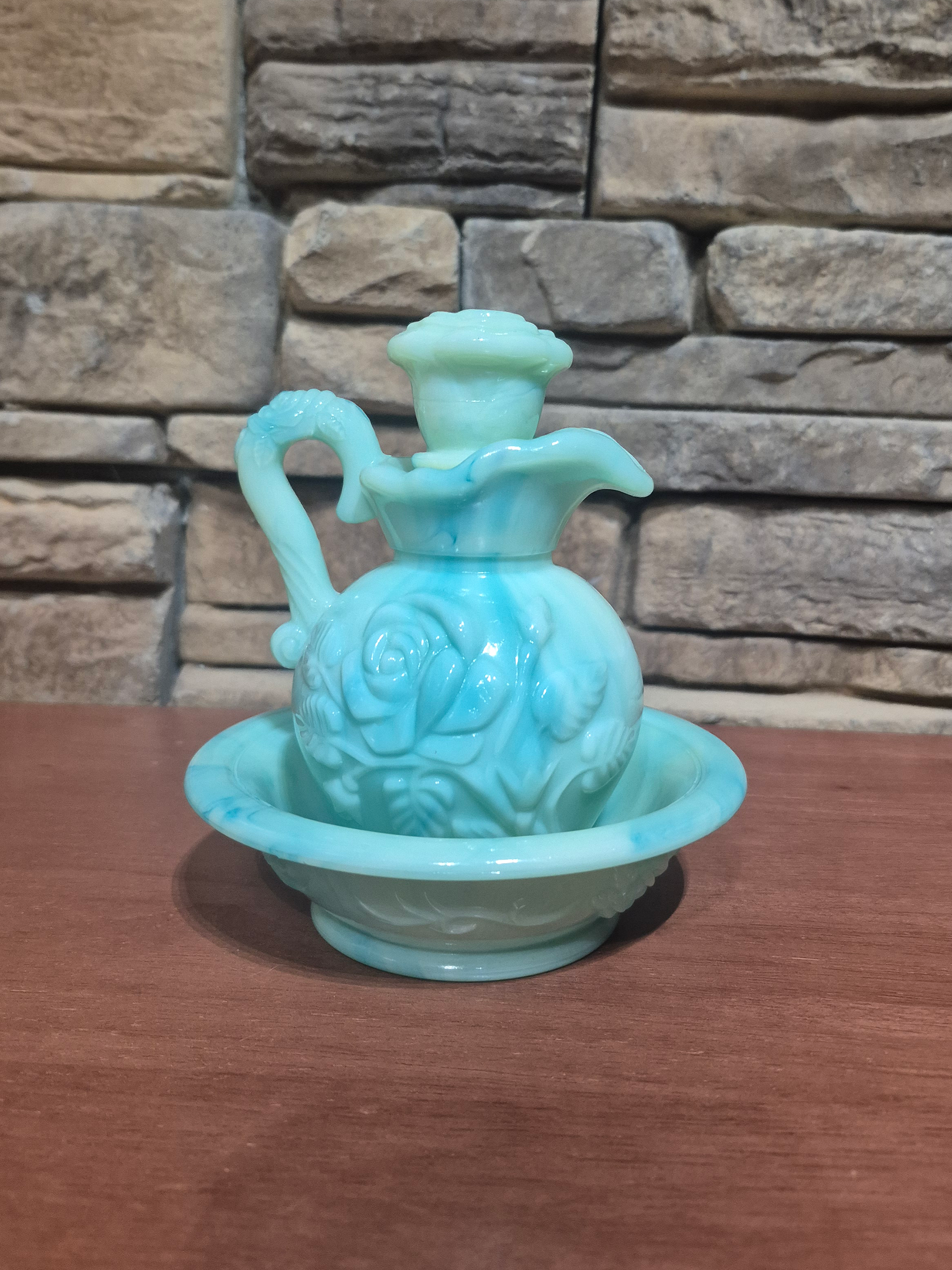 💚 Vintage Avon Jadeite Green Slag Milk Glass Mini Cruet & Bowl Set on a wooden surface with a stone background.