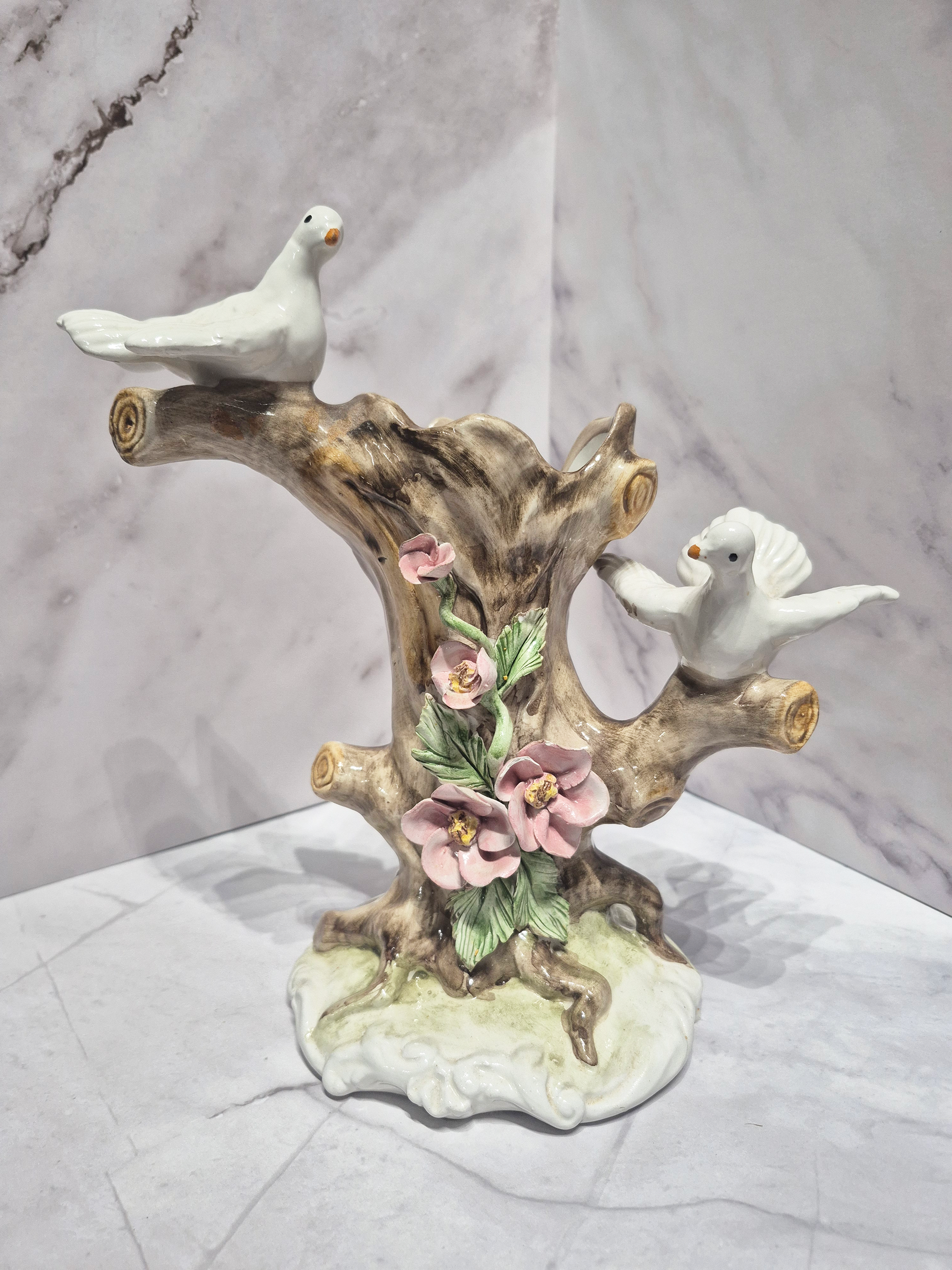 🕊️ Vintage Capodimonte Italy Porcelain Dove & Floral Tree Sculpture 🕊️ featuring white doves and pink flowers on a tree.