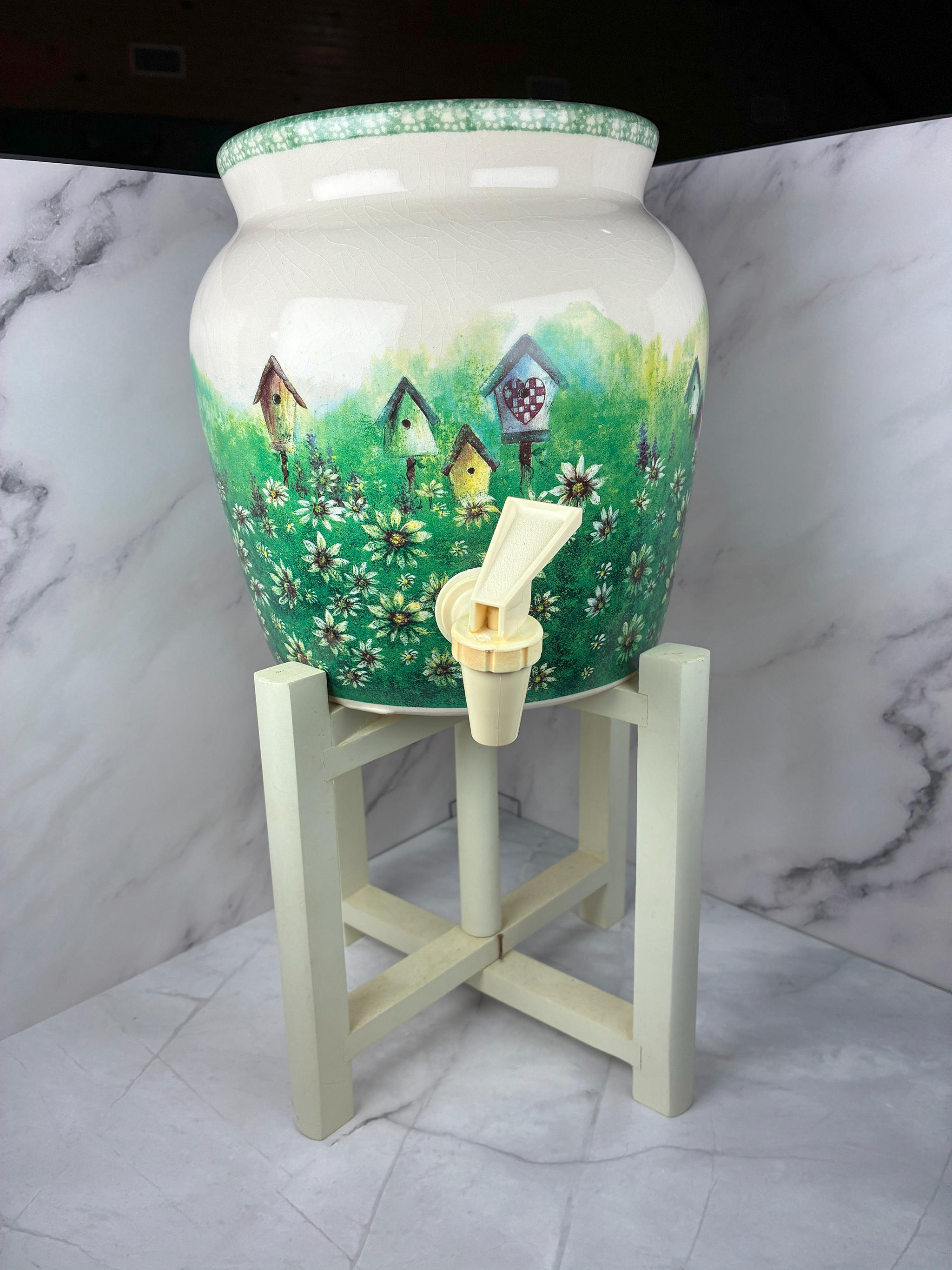 🌼 Vintage Stoneware Beverage Dispenser on Stand – Country Cottage Charm (c. 1990s)