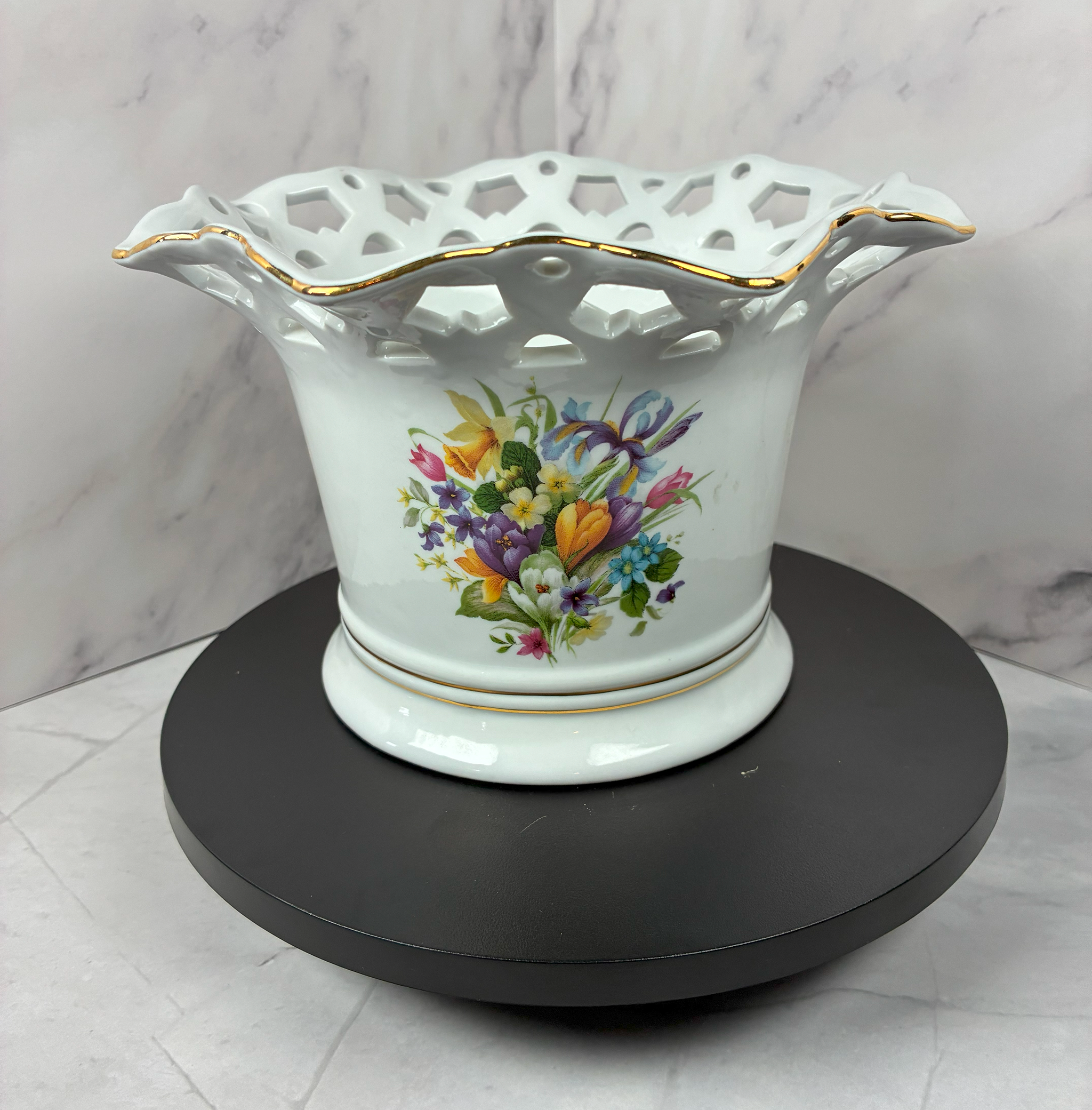 Vintage Formalities by Baum Bros. "Spring Flowers" Lattice Bowl – 1980s Porcelain with Gold Trim