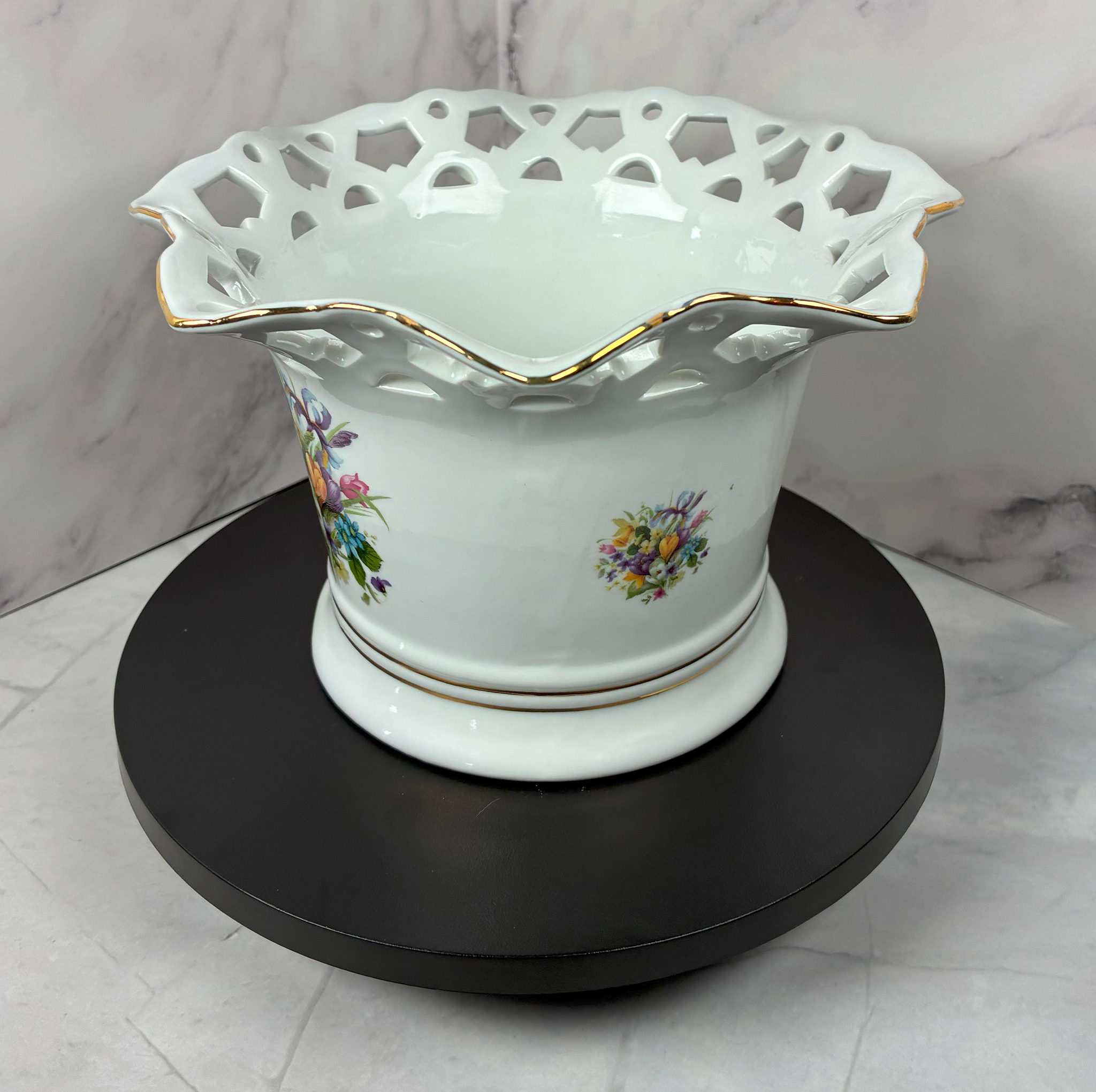 Vintage Formalities by Baum Bros. "Spring Flowers" Lattice Bowl – 1980s Porcelain with Gold Trim
